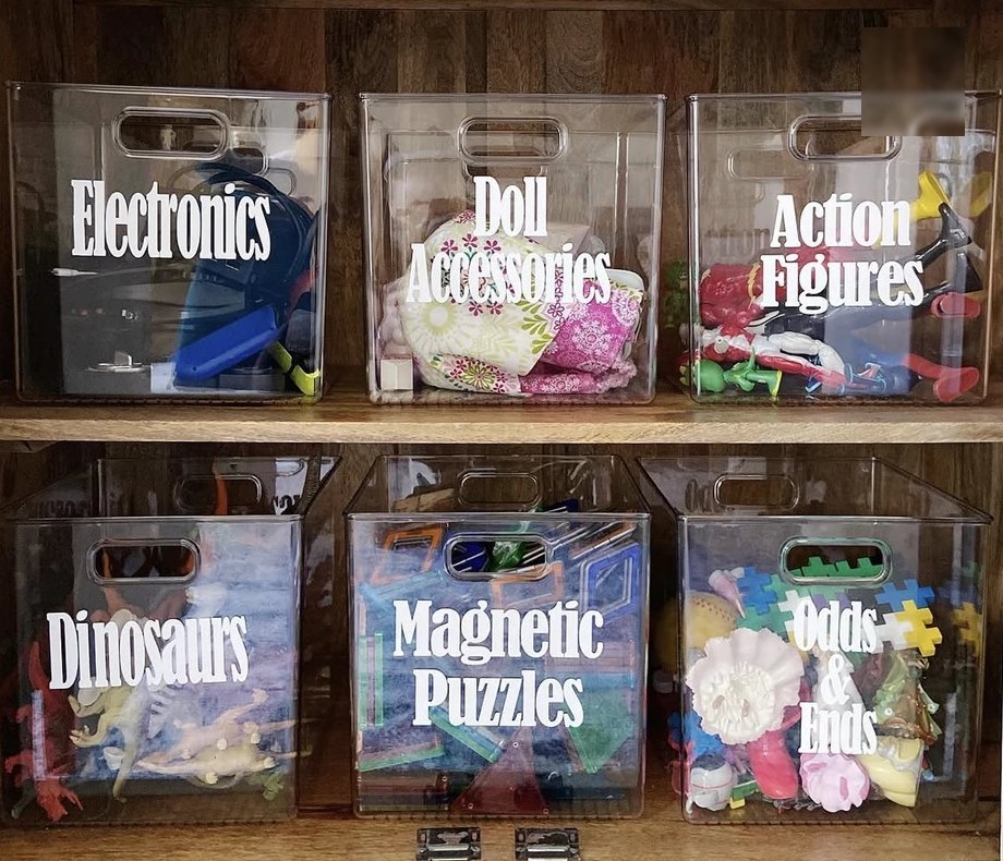 Labeled toy bins organized by Porter New Orleans